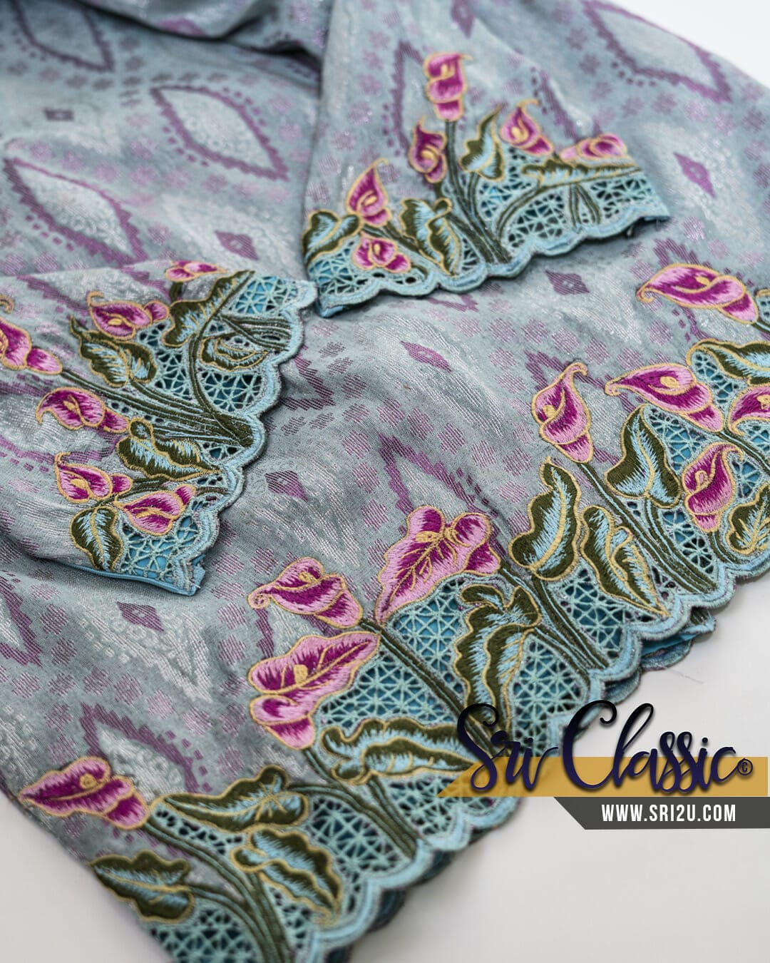 Baju Songket Sulam Goyang Kerawang Motif Bunga Lily Clara Dengan Kerawang Pagar